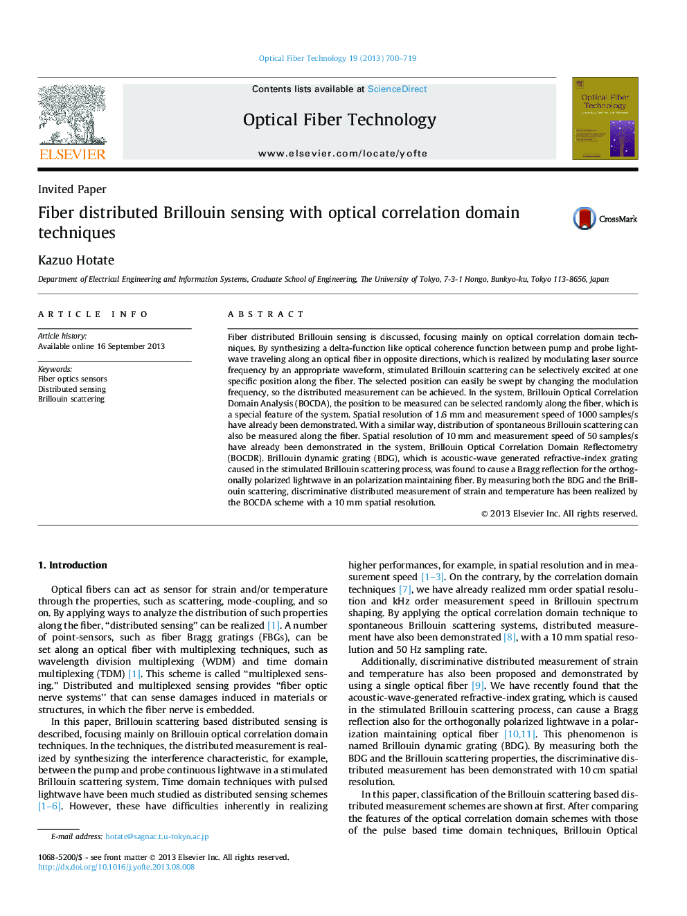 Fiber distributed Brillouin sensing with optical correlation domain techniques