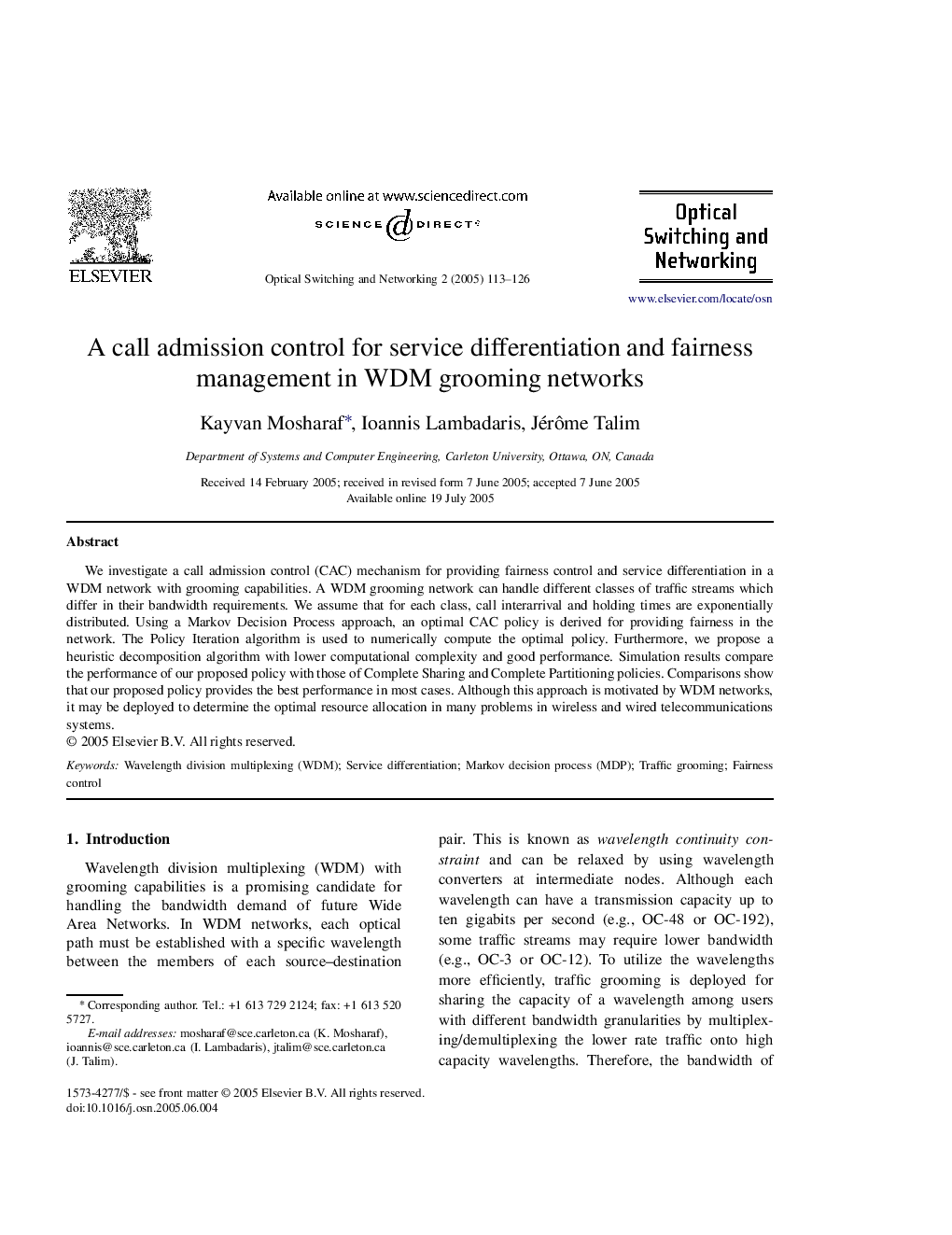 A call admission control for service differentiation and fairness management in WDM grooming networks