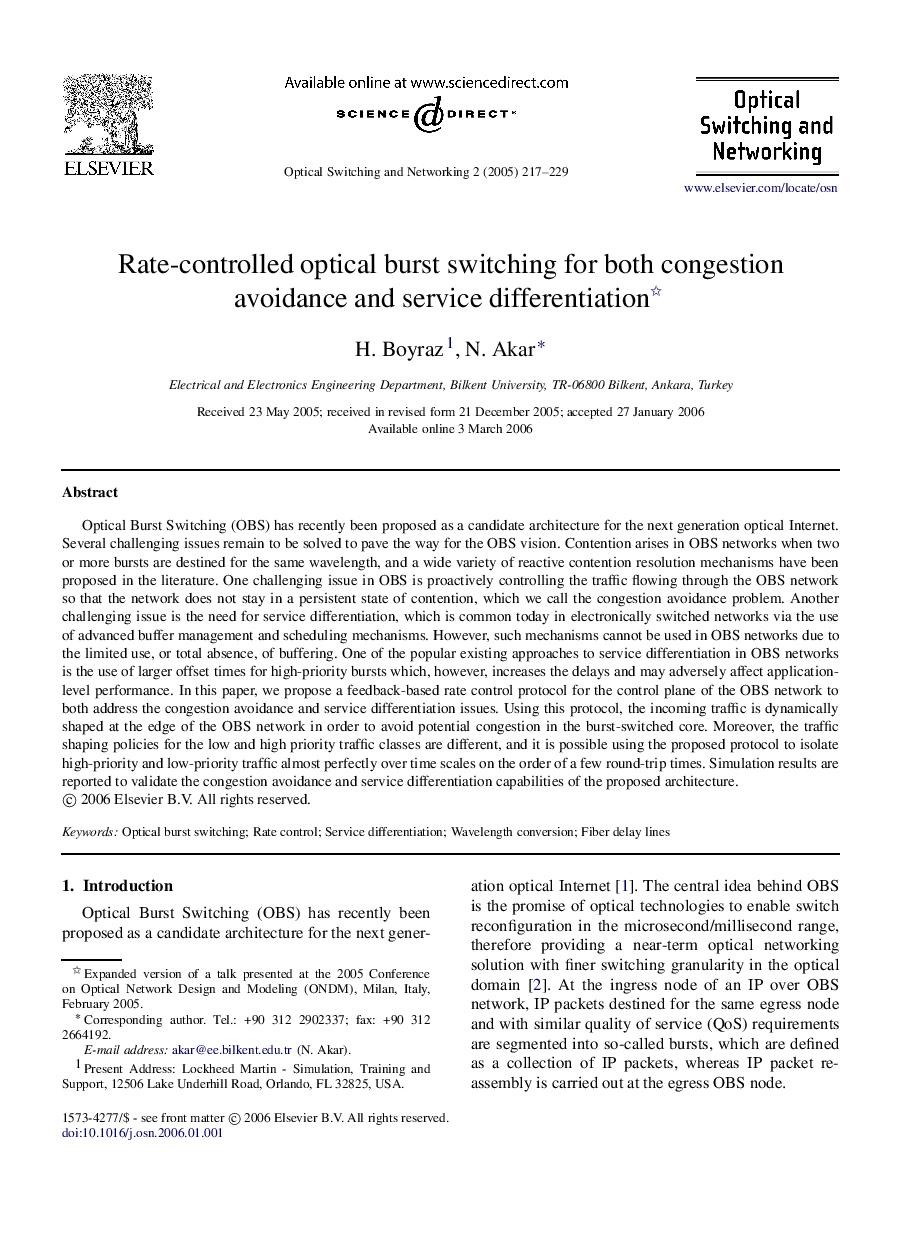 Rate-controlled optical burst switching for both congestion avoidance and service differentiation