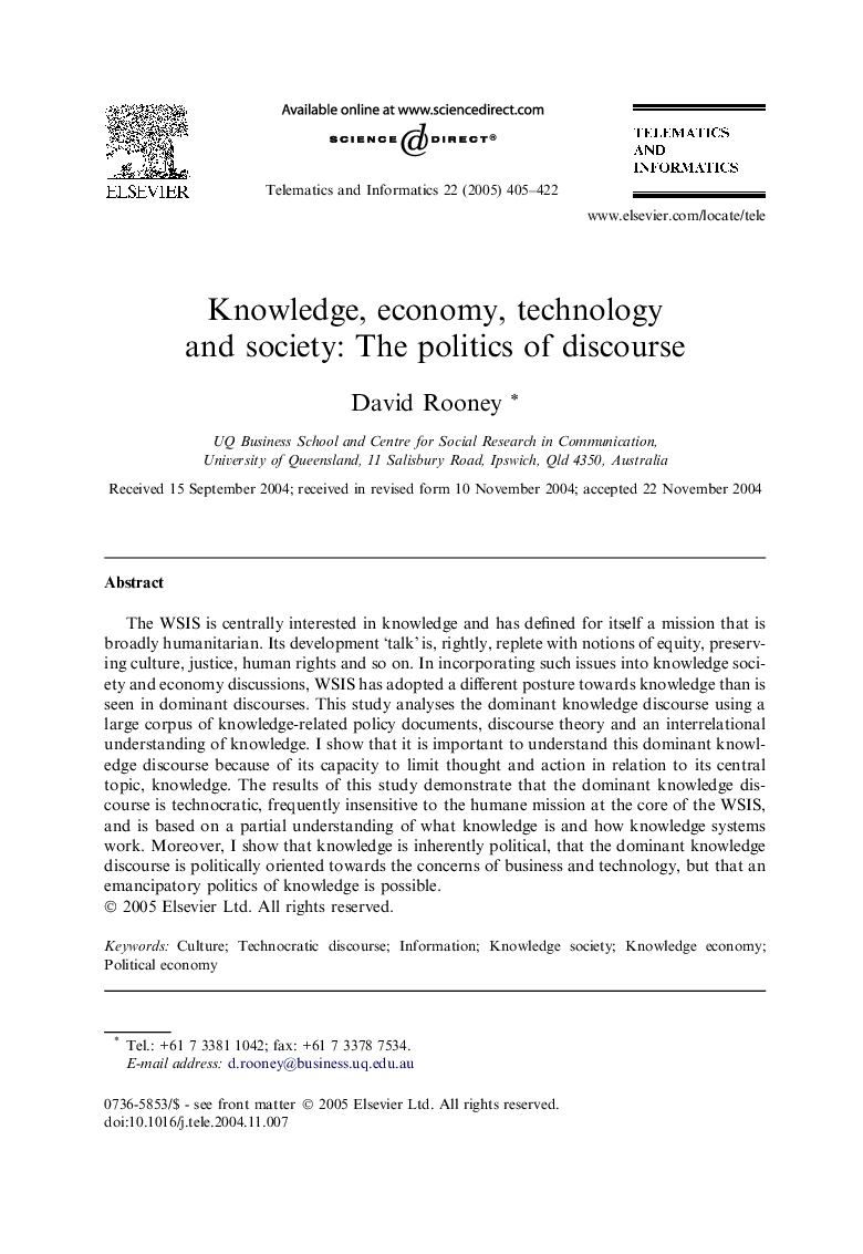 Knowledge, economy, technology and society: The politics of discourse