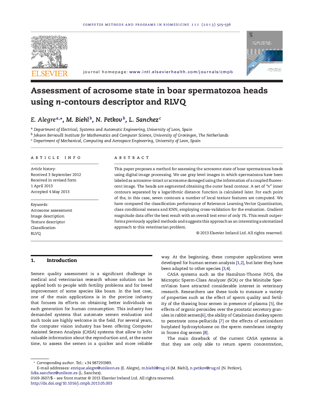 Assessment of acrosome state in boar spermatozoa heads using n-contours descriptor and RLVQ