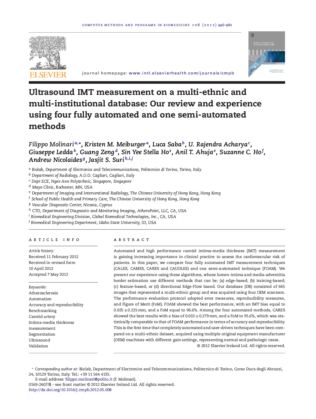 Ultrasound IMT measurement on a multi-ethnic and multi-institutional database: Our review and experience using four fully automated and one semi-automated methods