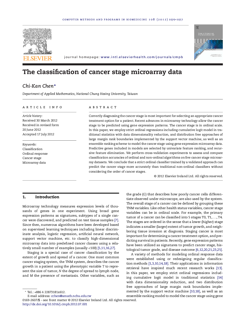 The classification of cancer stage microarray data