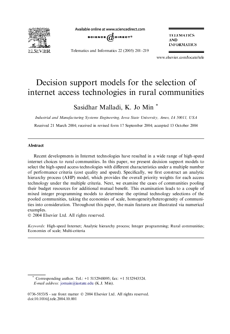 Decision support models for the selection of internet access technologies in rural communities