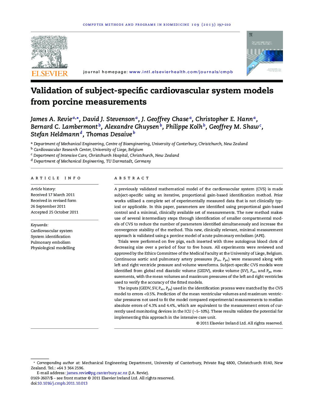 Validation of subject-specific cardiovascular system models from porcine measurements