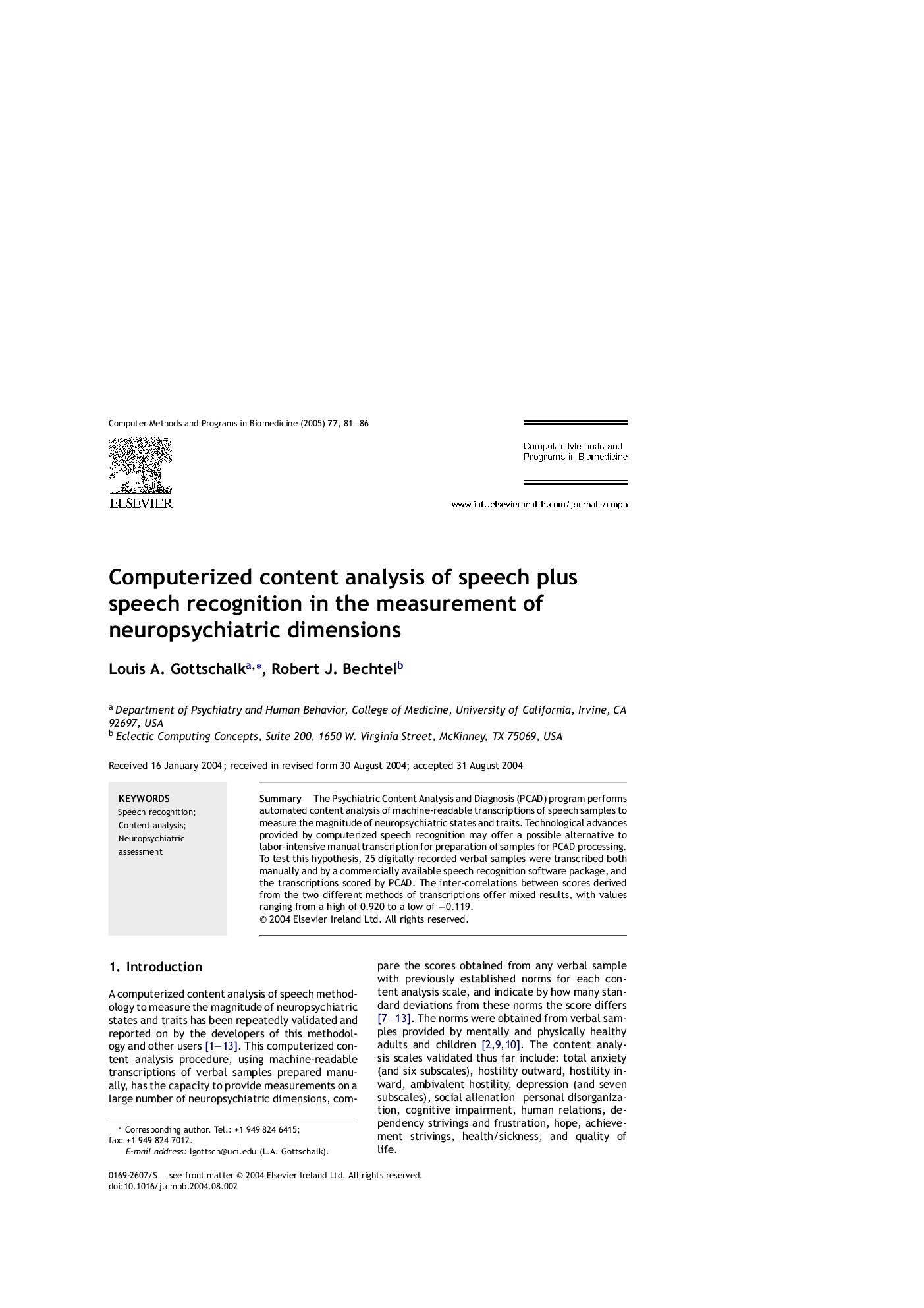 Computerized content analysis of speech plus speech recognition in the measurement of neuropsychiatric dimensions