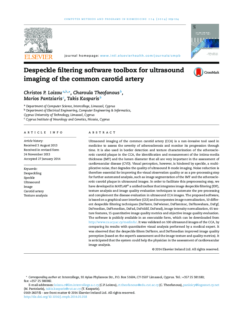 Despeckle filtering software toolbox for ultrasound imaging of the common carotid artery