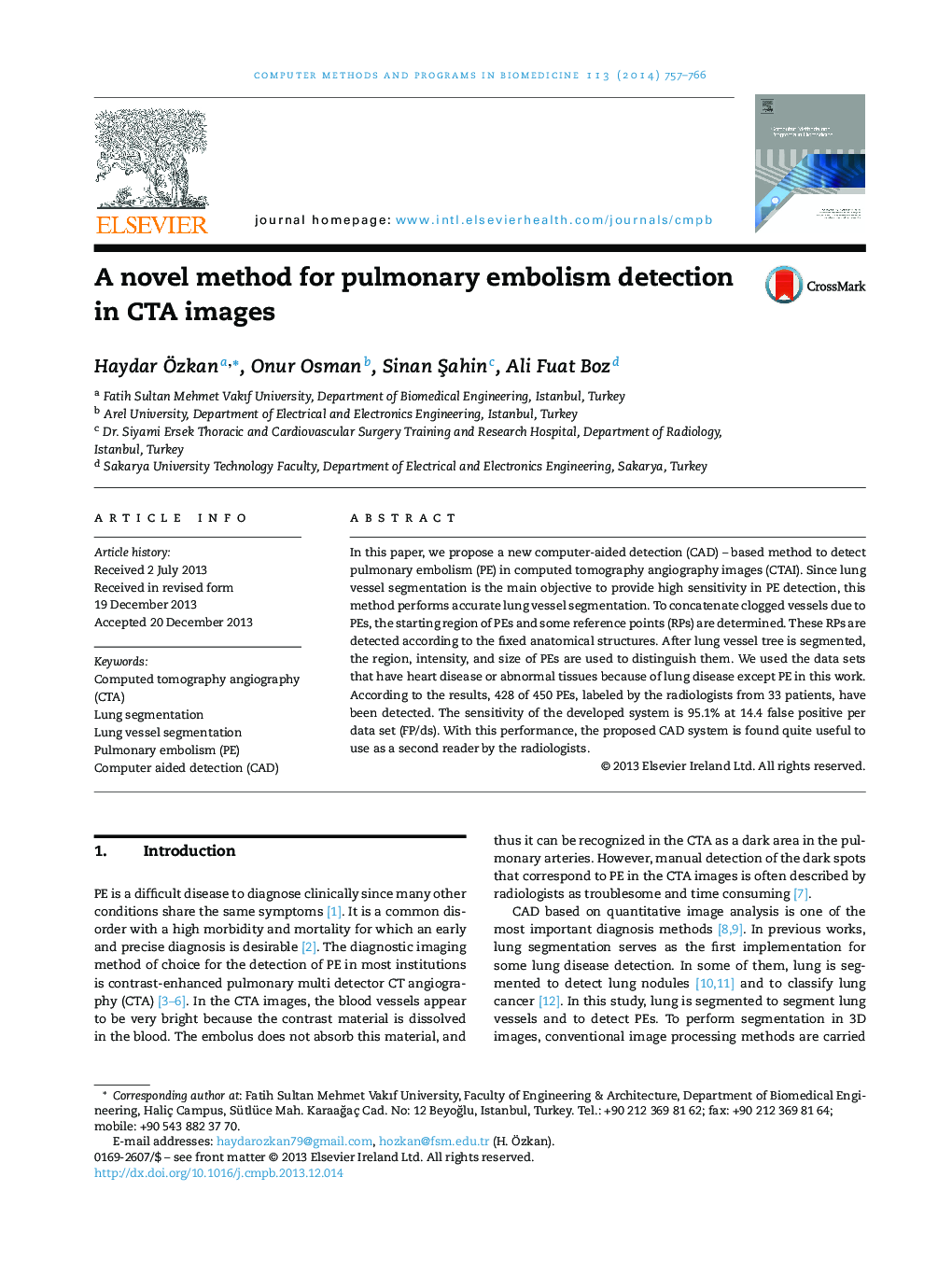A novel method for pulmonary embolism detection in CTA images