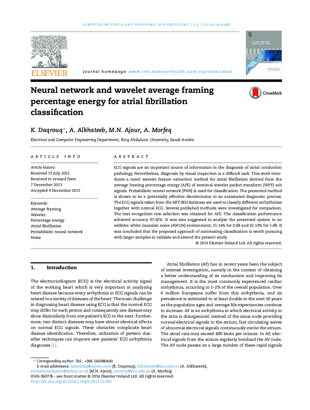 Neural network and wavelet average framing percentage energy for atrial fibrillation classification