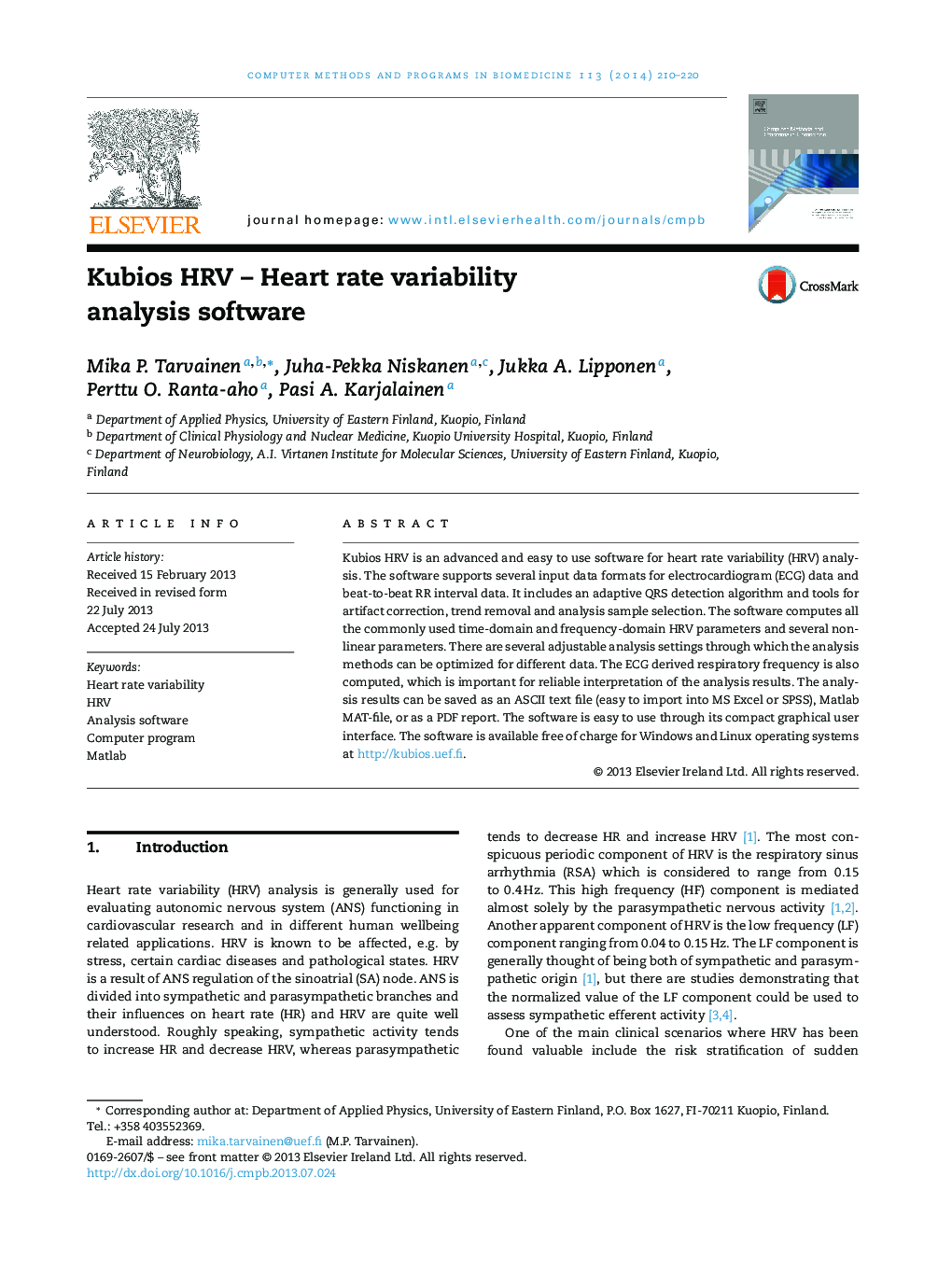 Kubios HRV - Heart rate variability analysis software