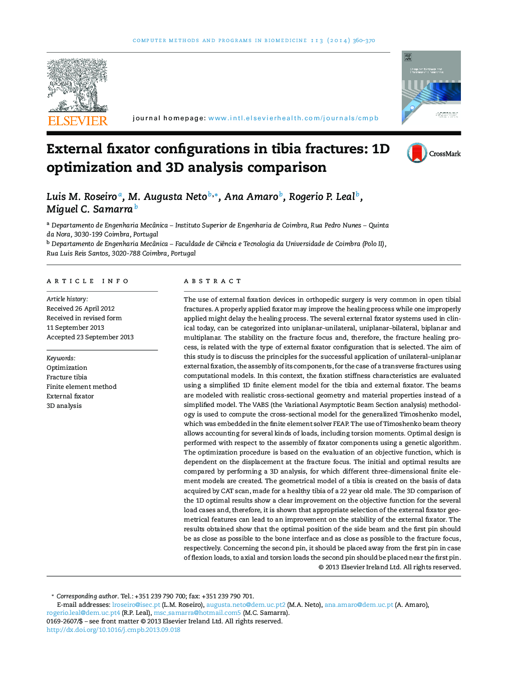 External fixator configurations in tibia fractures: 1D optimization and 3D analysis comparison