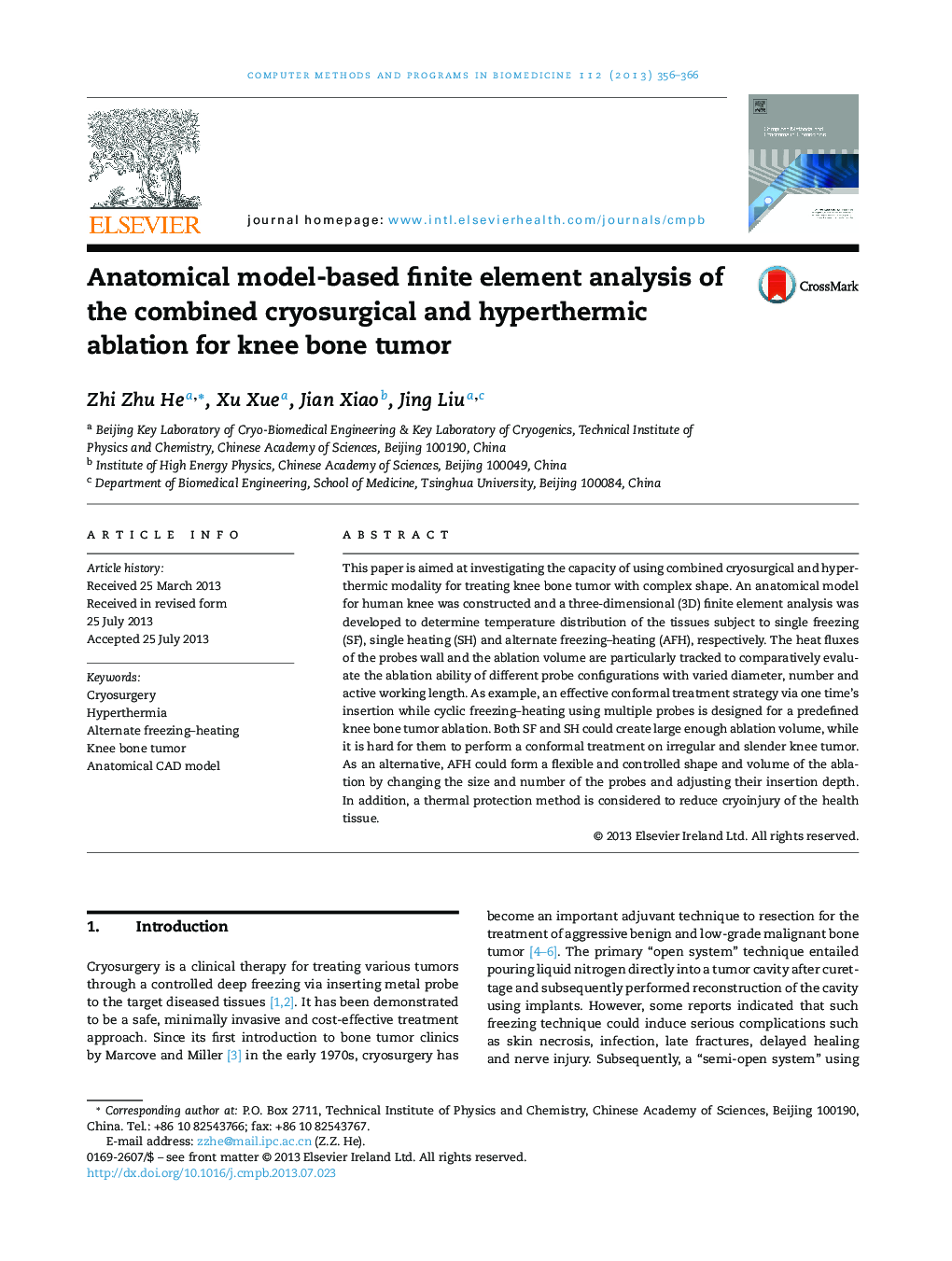 Anatomical model-based finite element analysis of the combined cryosurgical and hyperthermic ablation for knee bone tumor