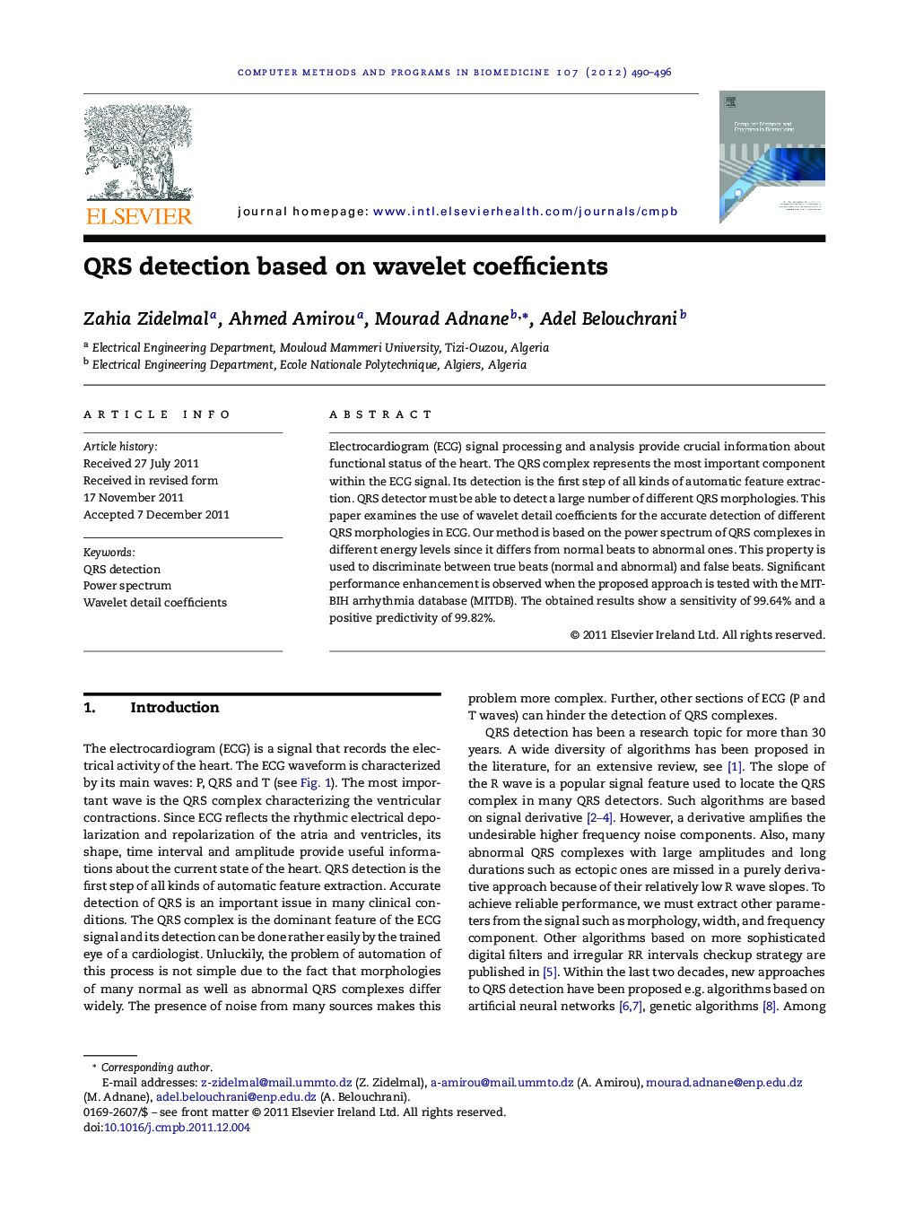 QRS detection based on wavelet coefficients