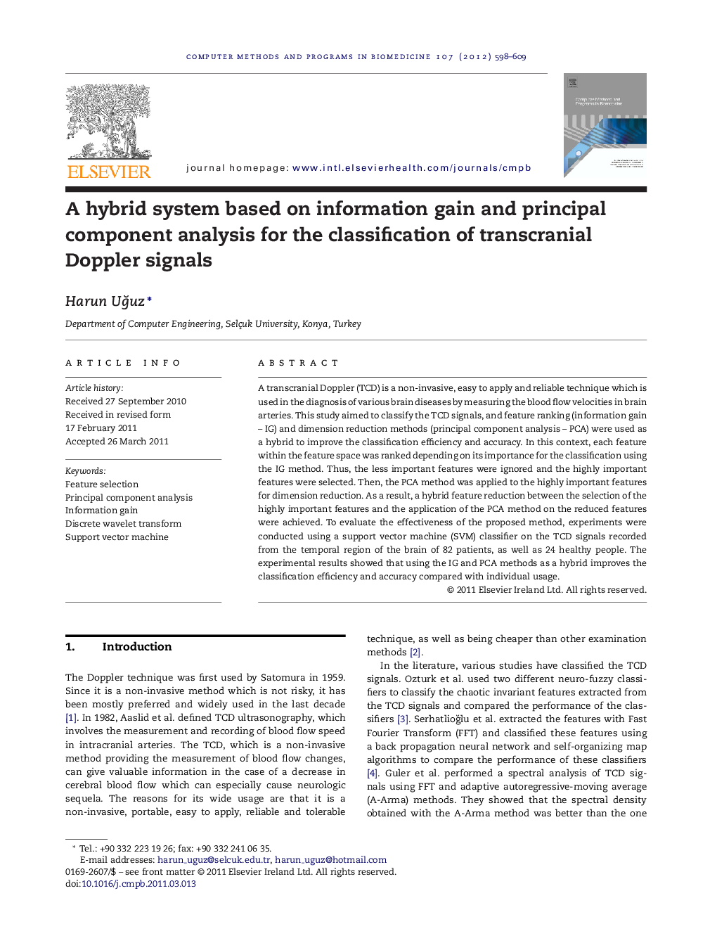 A hybrid system based on information gain and principal component analysis for the classification of transcranial Doppler signals