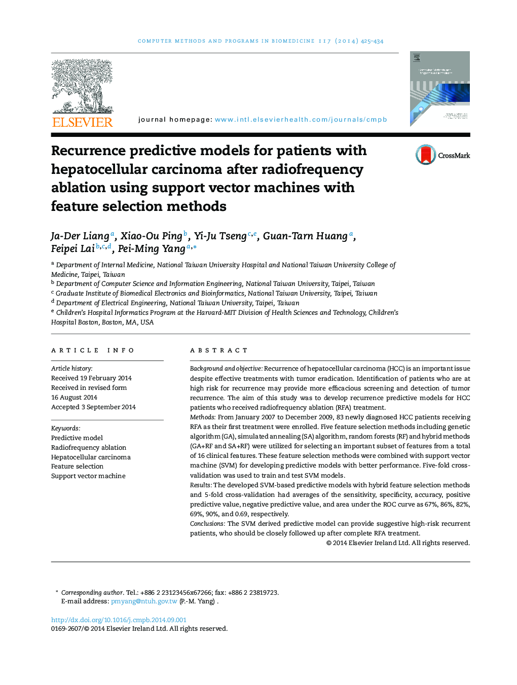 Recurrence predictive models for patients with hepatocellular carcinoma after radiofrequency ablation using support vector machines with feature selection methods