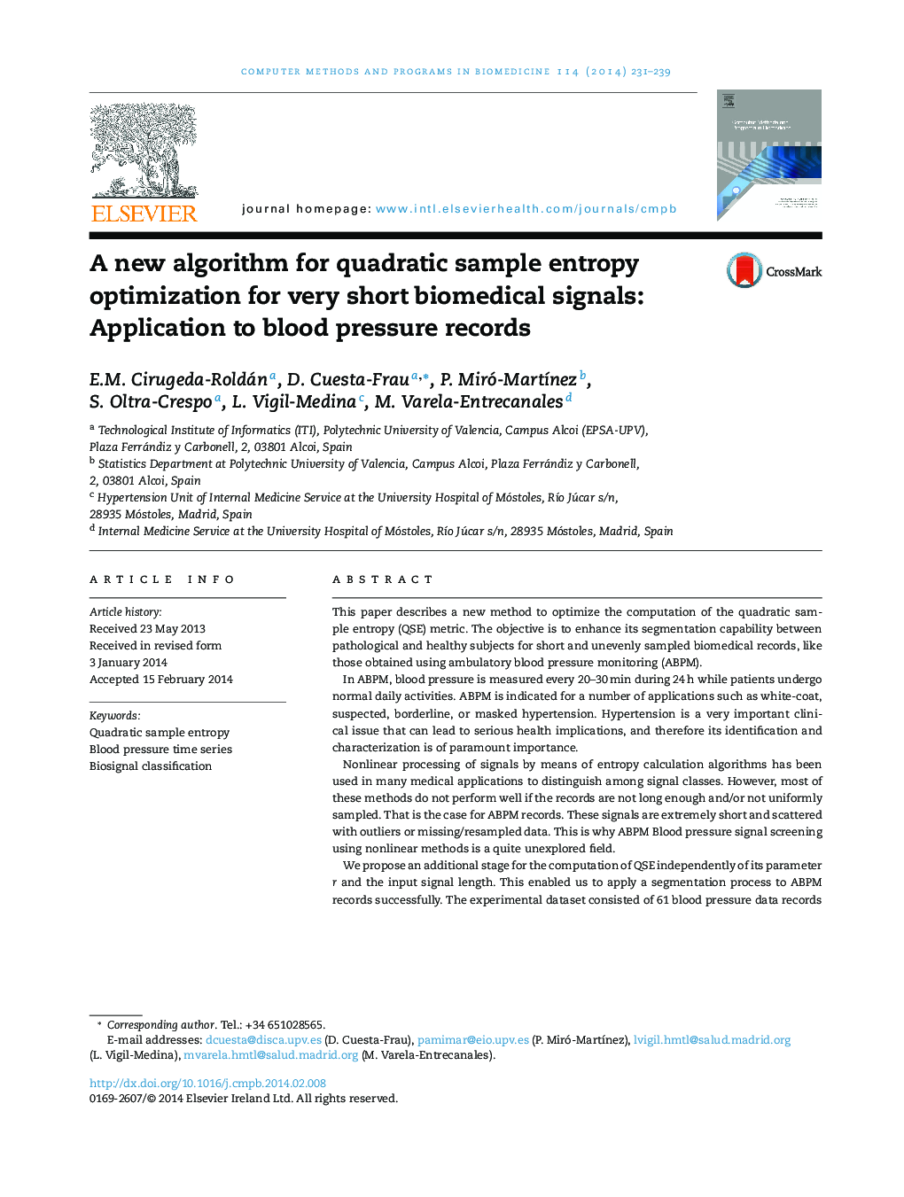 A new algorithm for quadratic sample entropy optimization for very short biomedical signals: Application to blood pressure records