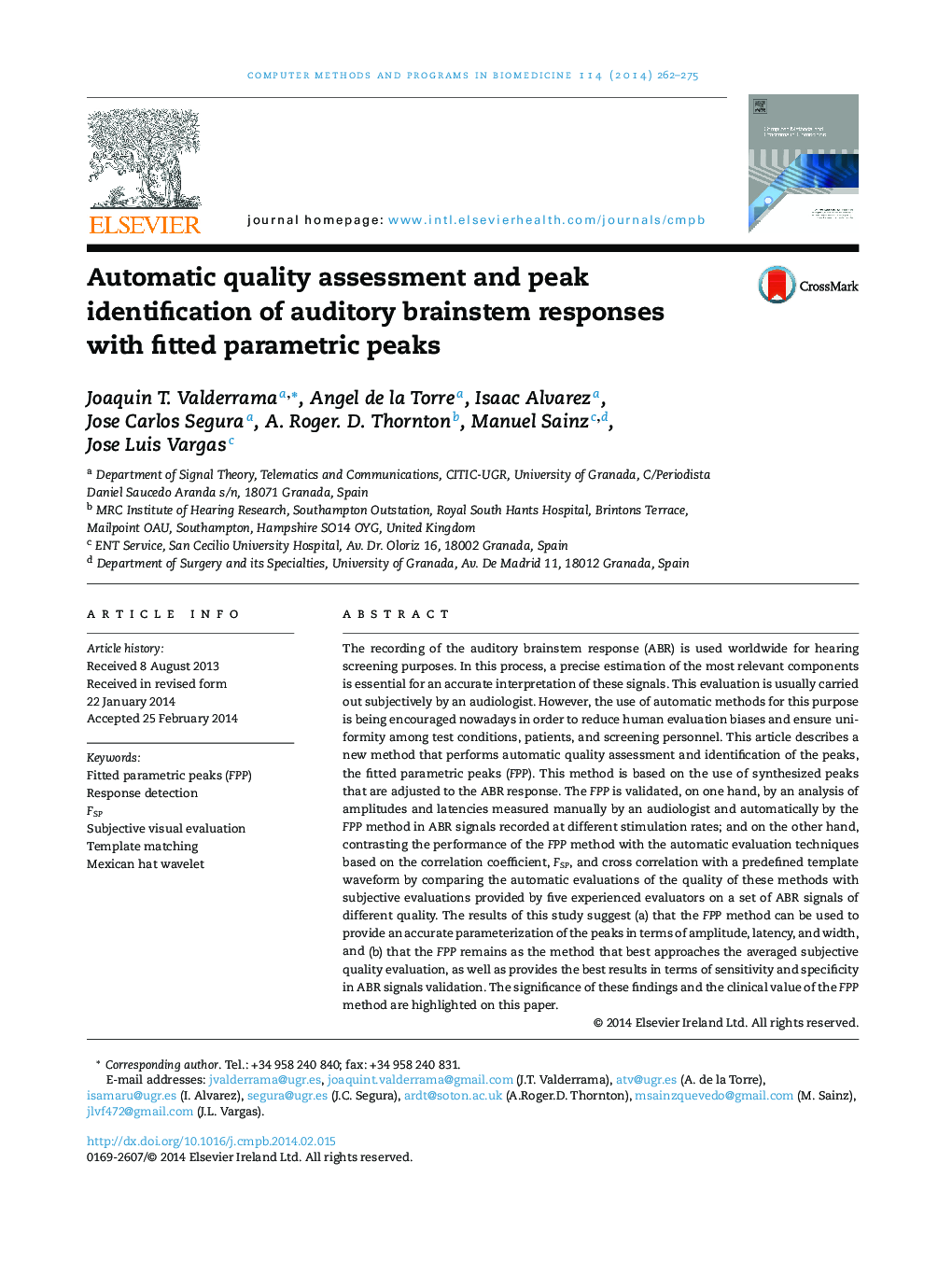 Automatic quality assessment and peak identification of auditory brainstem responses with fitted parametric peaks