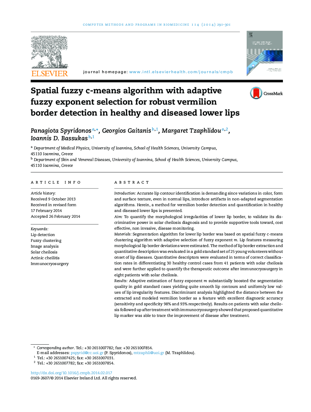 Spatial fuzzy c-means algorithm with adaptive fuzzy exponent selection for robust vermilion border detection in healthy and diseased lower lips