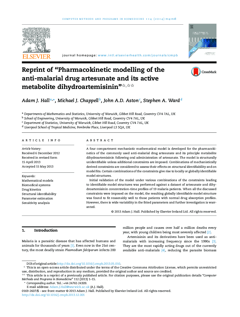 Reprint of “Pharmacokinetic modelling of the anti-malarial drug artesunate and its active metabolite dihydroartemisinin”