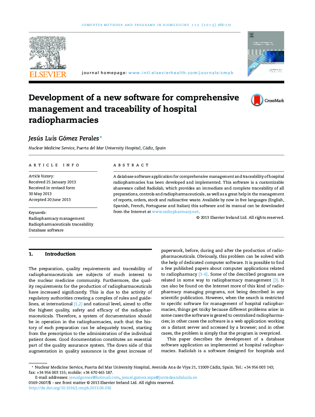 Development of a new software for comprehensive management and traceability of hospital radiopharmacies