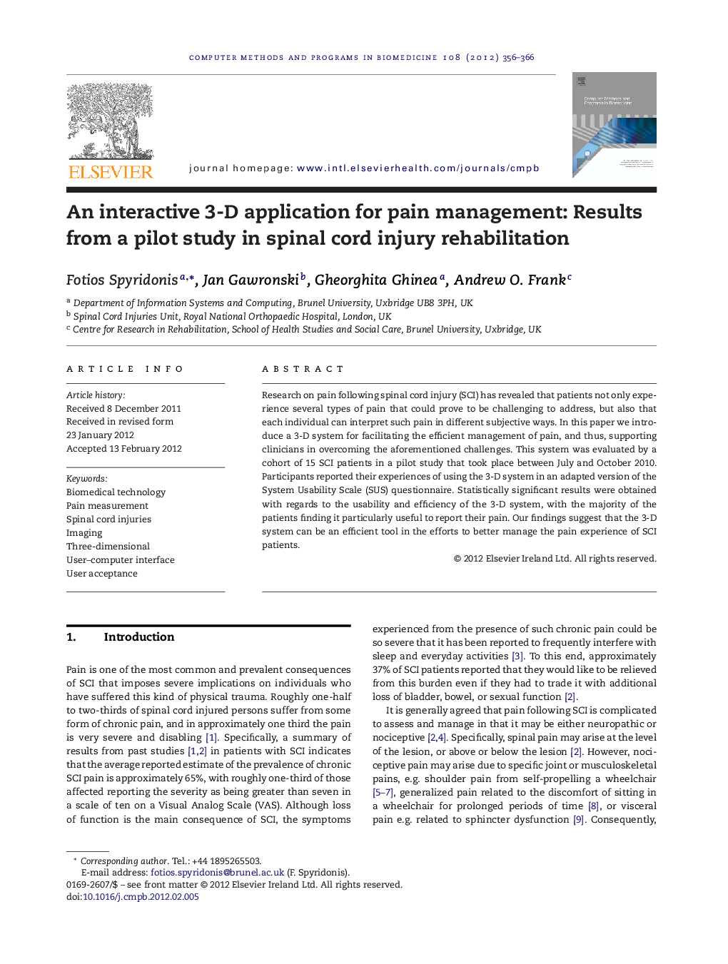 An interactive 3-D application for pain management: Results from a pilot study in spinal cord injury rehabilitation