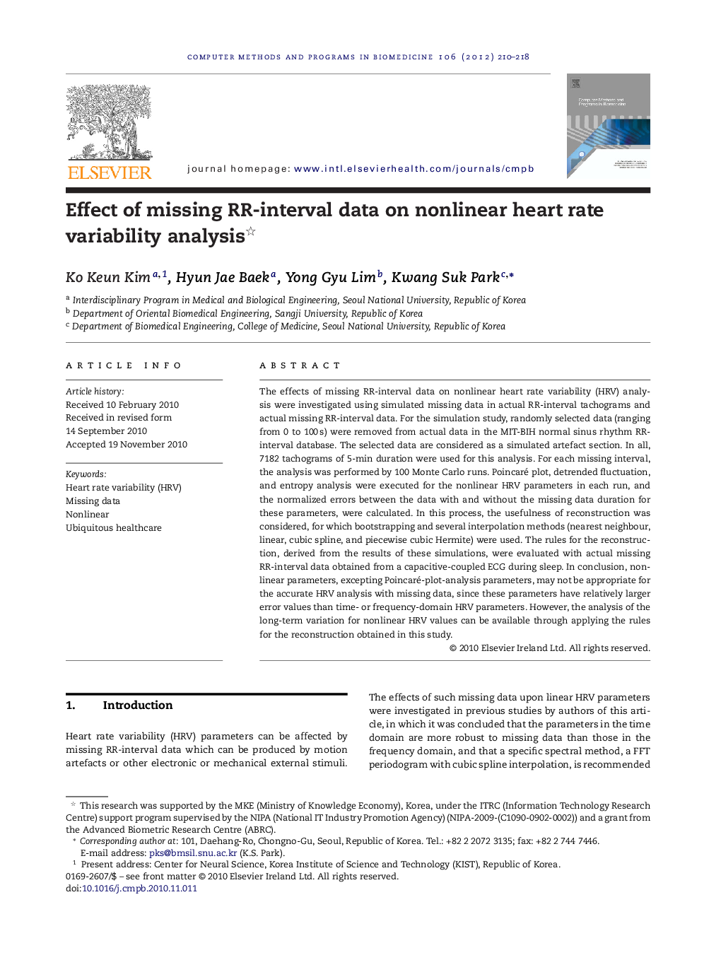 Effect of missing RR-interval data on nonlinear heart rate variability analysis