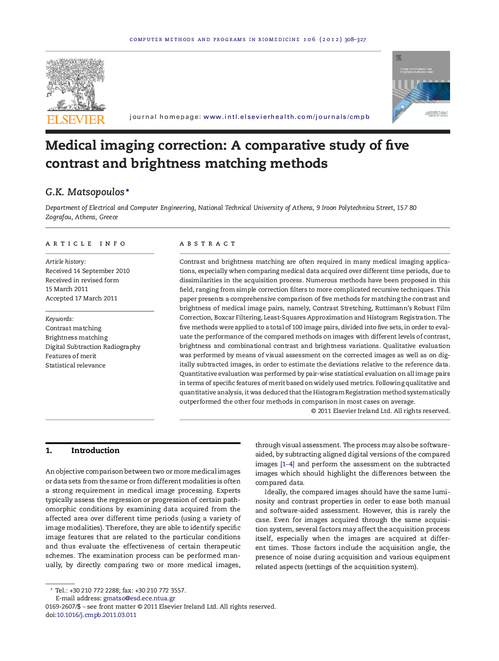 Medical imaging correction: A comparative study of five contrast and brightness matching methods