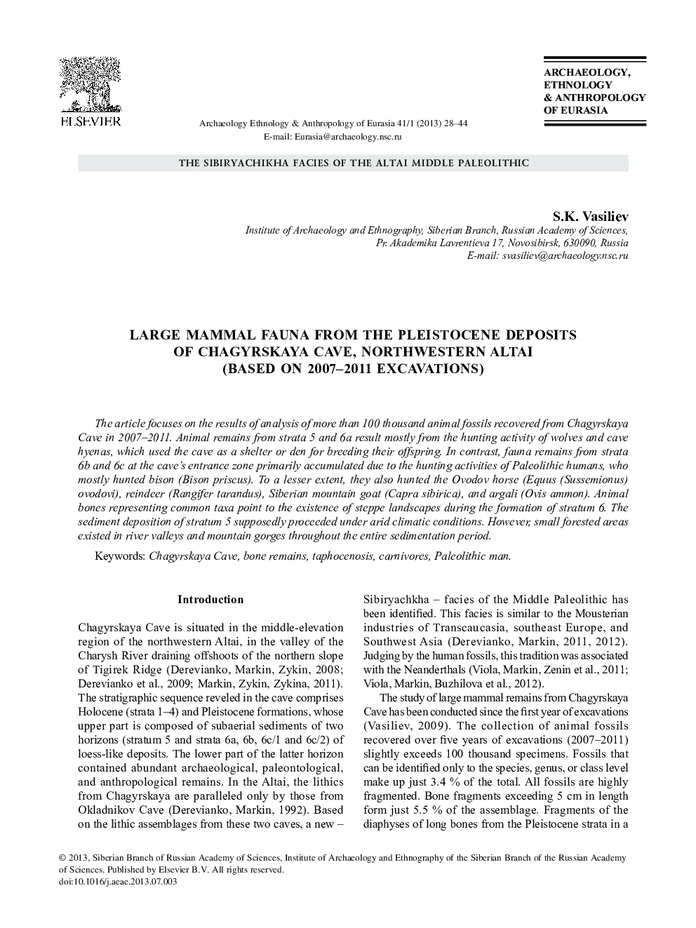 Large Mammal Fauna from the Pleistocene Deposits of Chagyrskaya Cave Northwestern Altai (based on 2007–2011 Excavations)