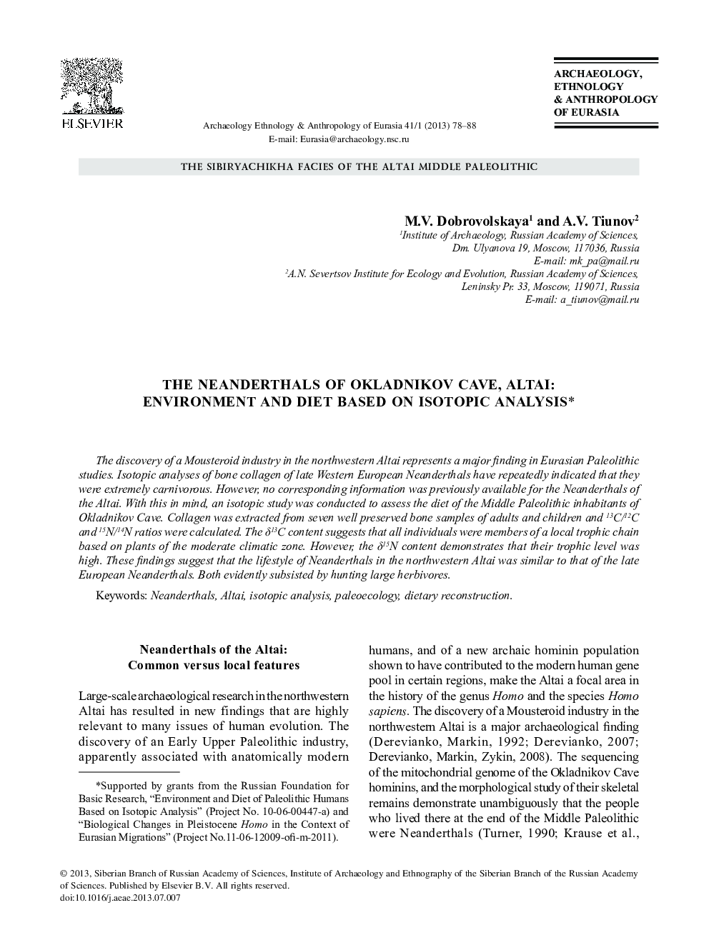 The Neanderthals of Okladnikov Cave Altai: Environment and Diet Based on Isotopic Analysis*