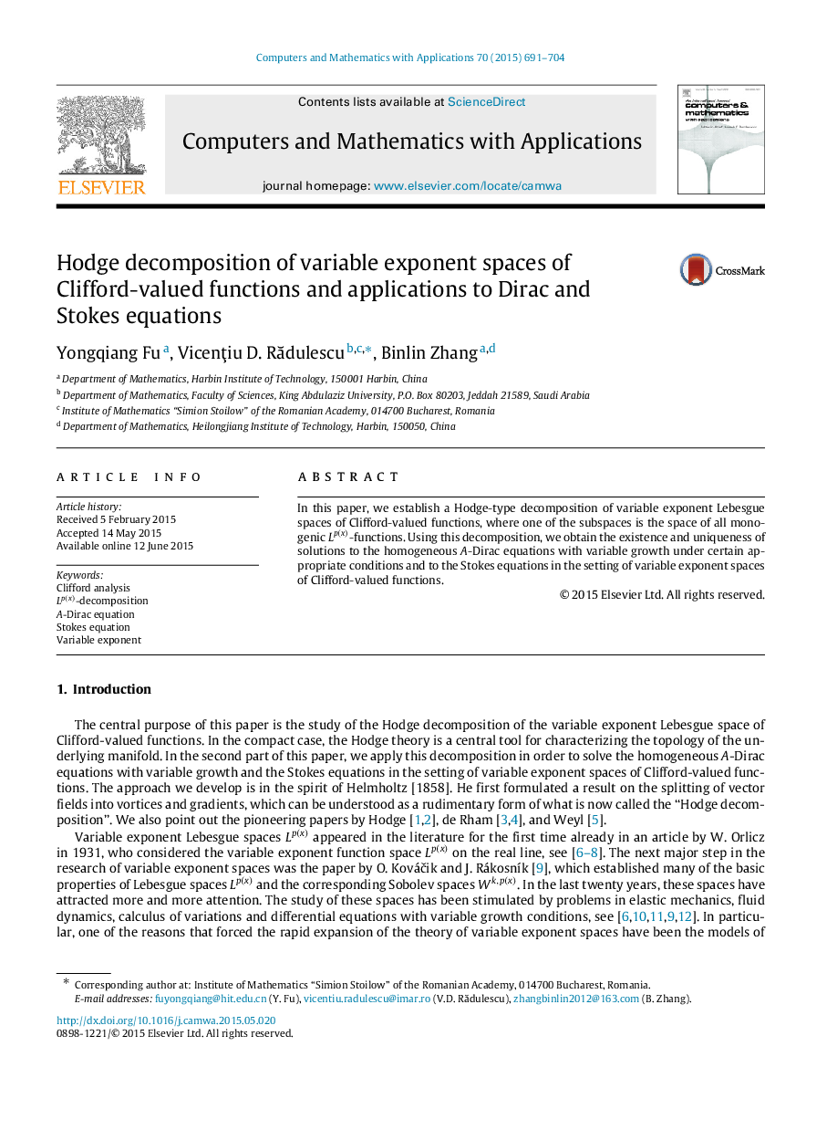 Hodge decomposition of variable exponent spaces of Clifford-valued functions and applications to Dirac and Stokes equations