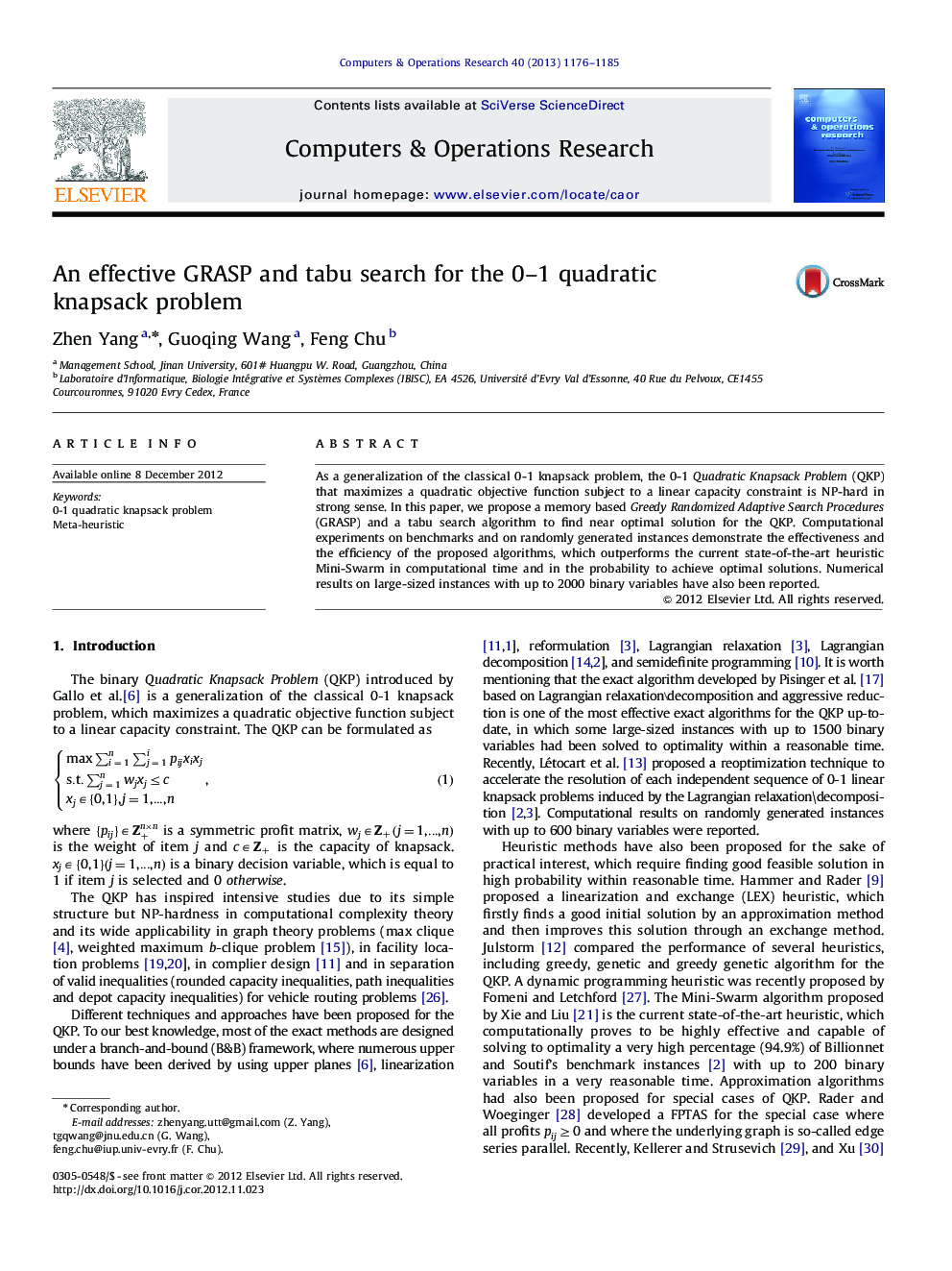 An effective GRASP and tabu search for the 0-1 quadratic knapsack problem