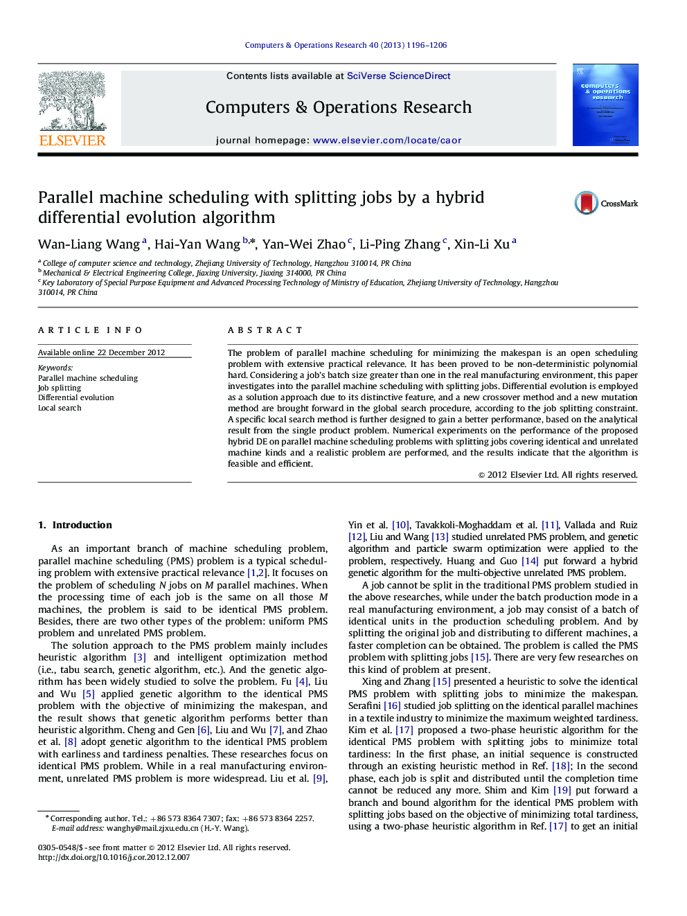 Parallel machine scheduling with splitting jobs by a hybrid differential evolution algorithm