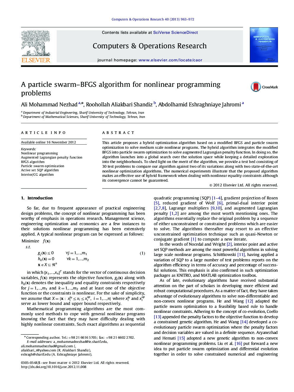 A particle swarm-BFGS algorithm for nonlinear programming problems