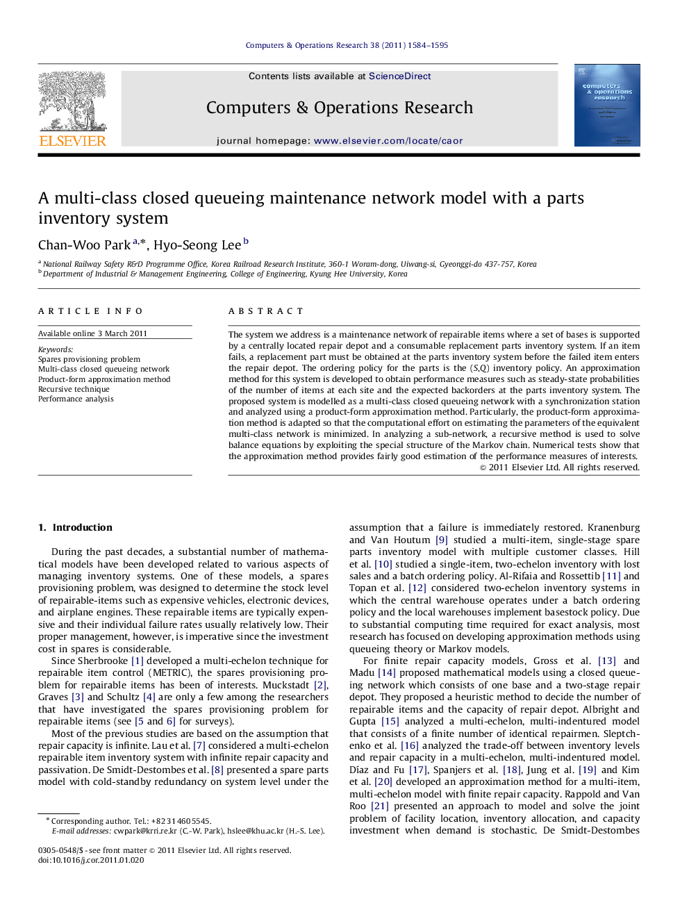 A multi-class closed queueing maintenance network model with a parts inventory system