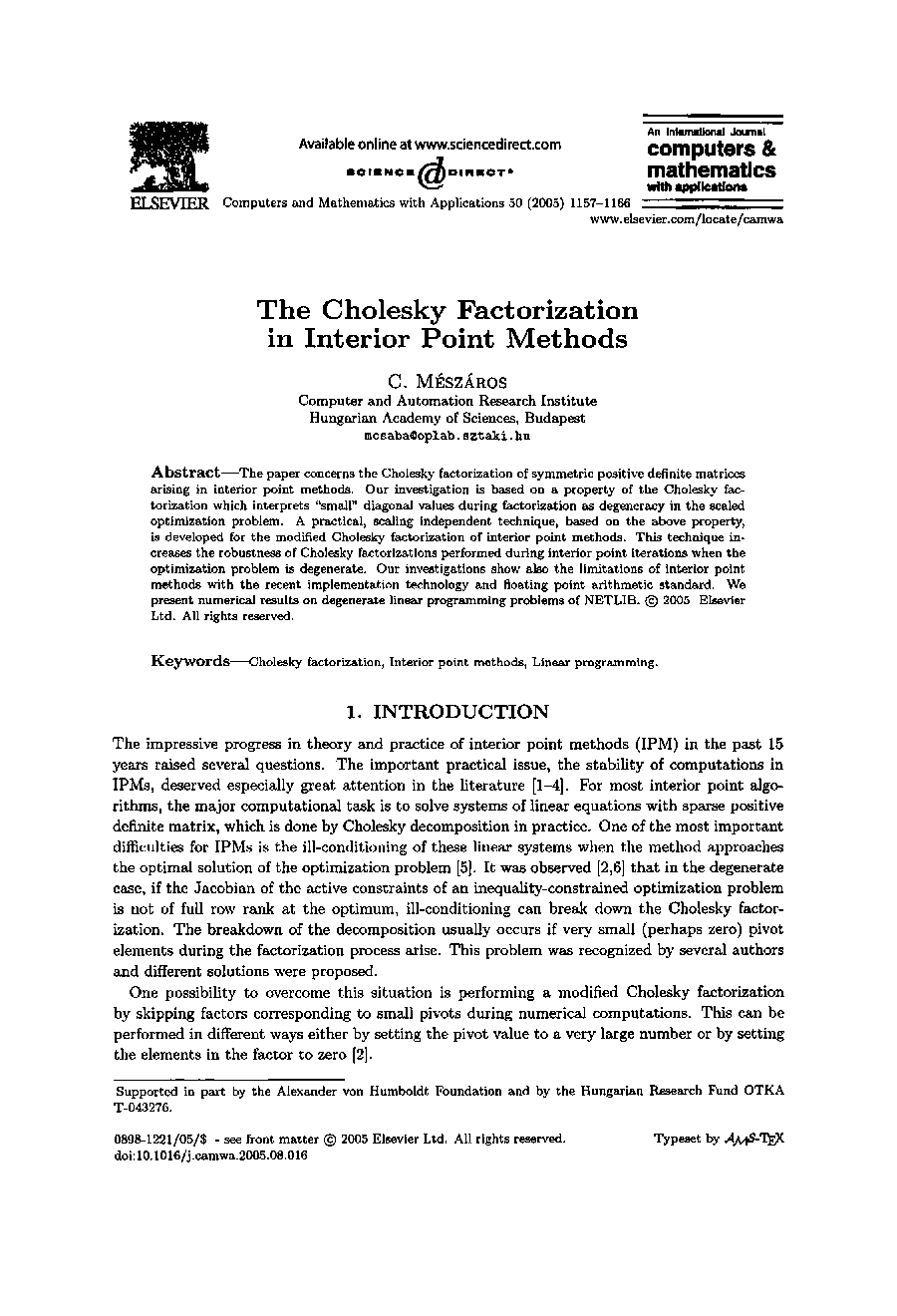 The cholesky factorization in interior point methods