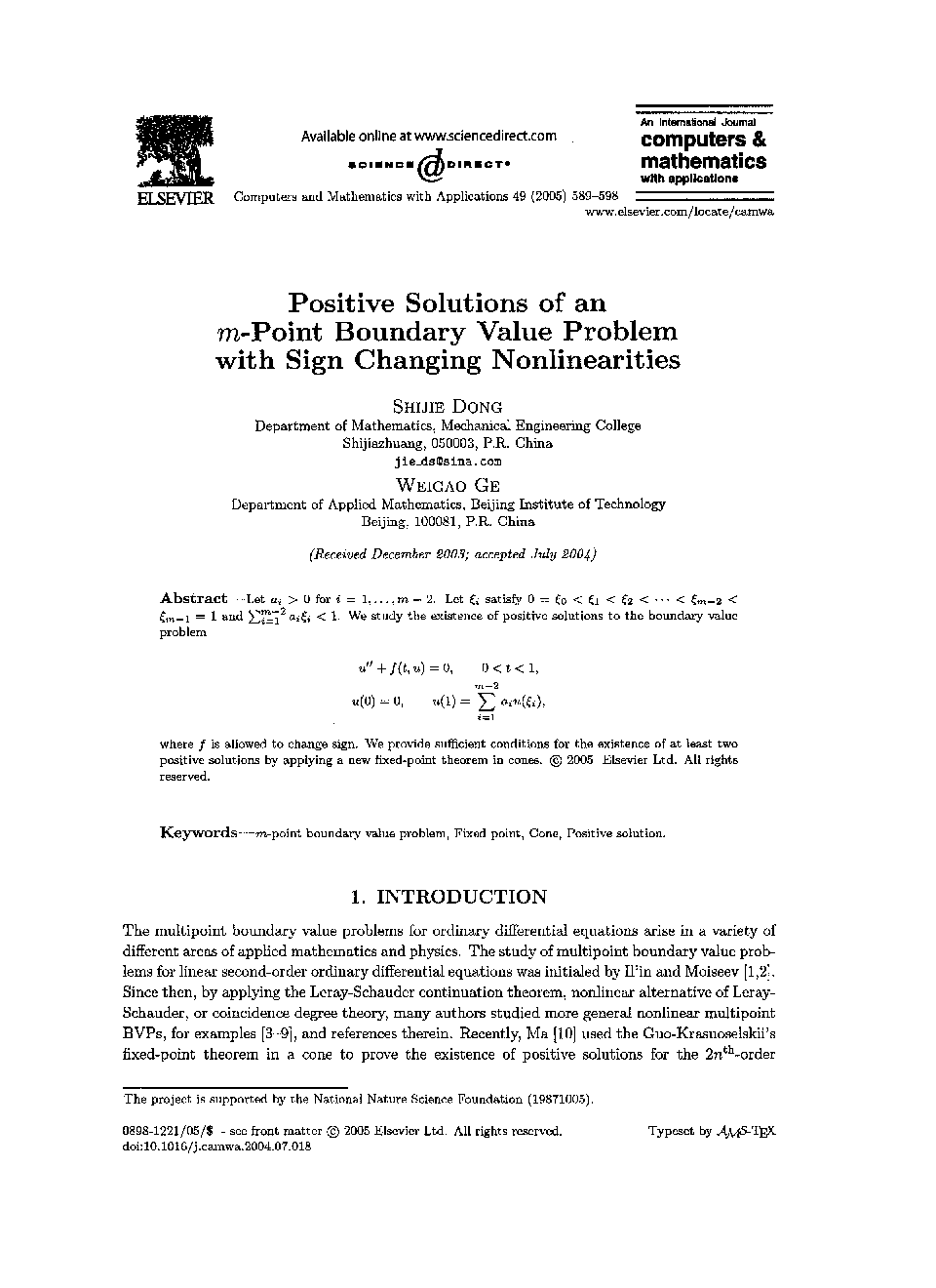 Positive solutions of an m-point boundary value problem with sign changing nonlinearities