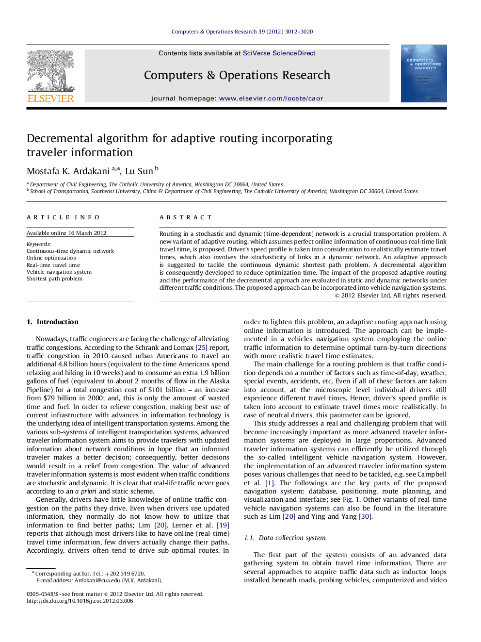 Decremental algorithm for adaptive routing incorporating traveler information