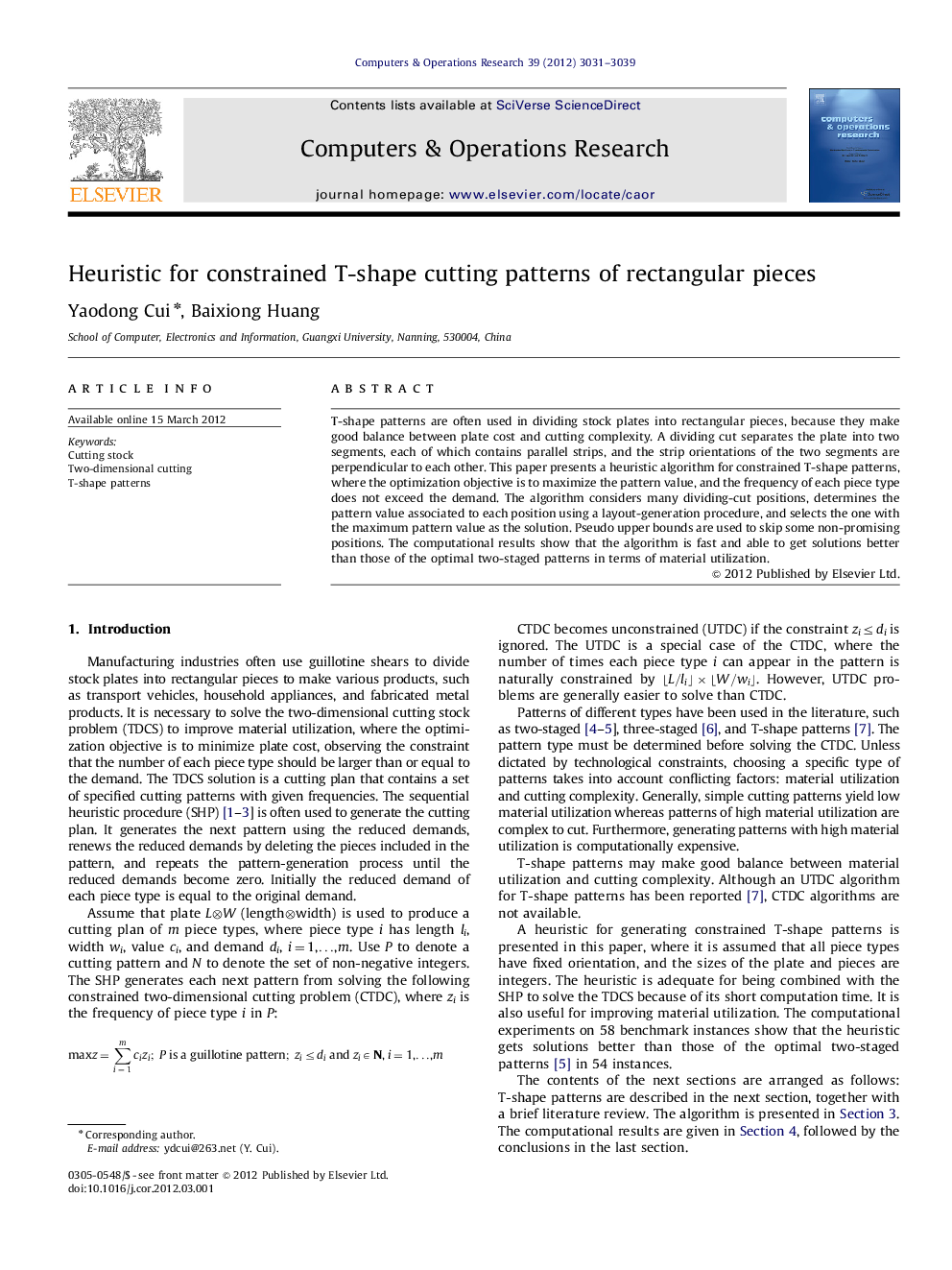 Heuristic for constrained T-shape cutting patterns of rectangular pieces