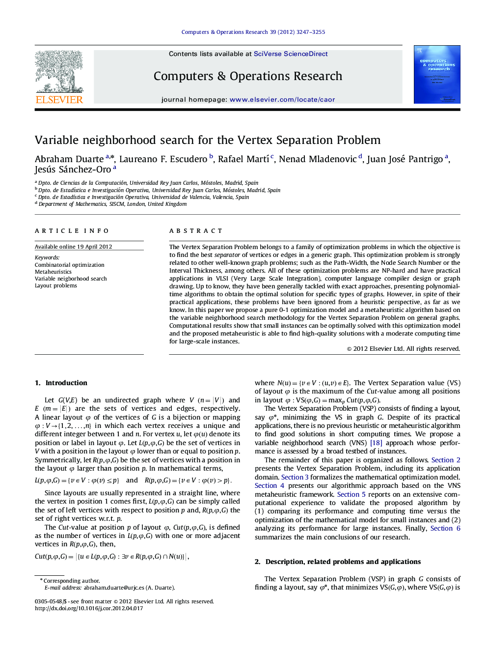 Variable neighborhood search for the Vertex Separation Problem