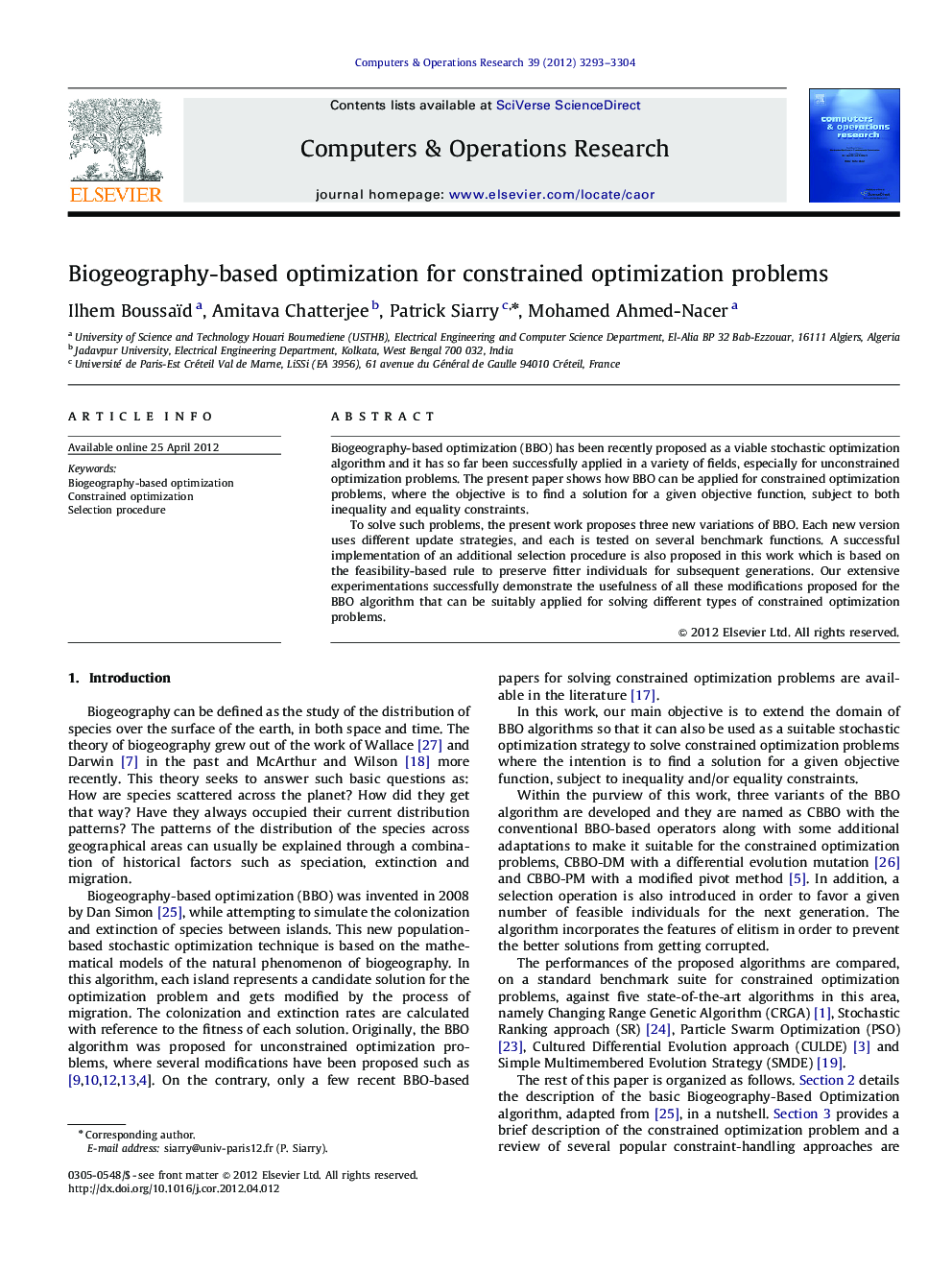 Biogeography-based optimization for constrained optimization problems