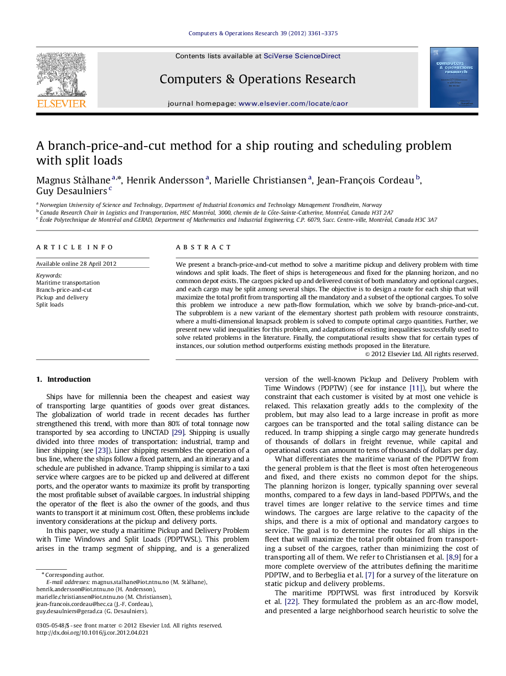 A branch-price-and-cut method for a ship routing and scheduling problem with split loads