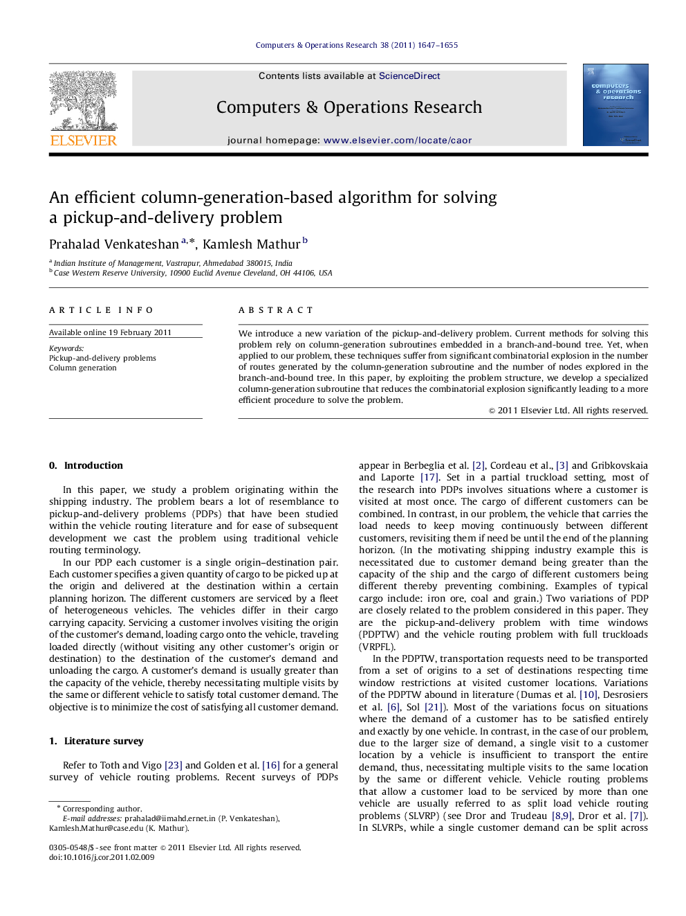 An efficient column-generation-based algorithm for solving a pickup-and-delivery problem