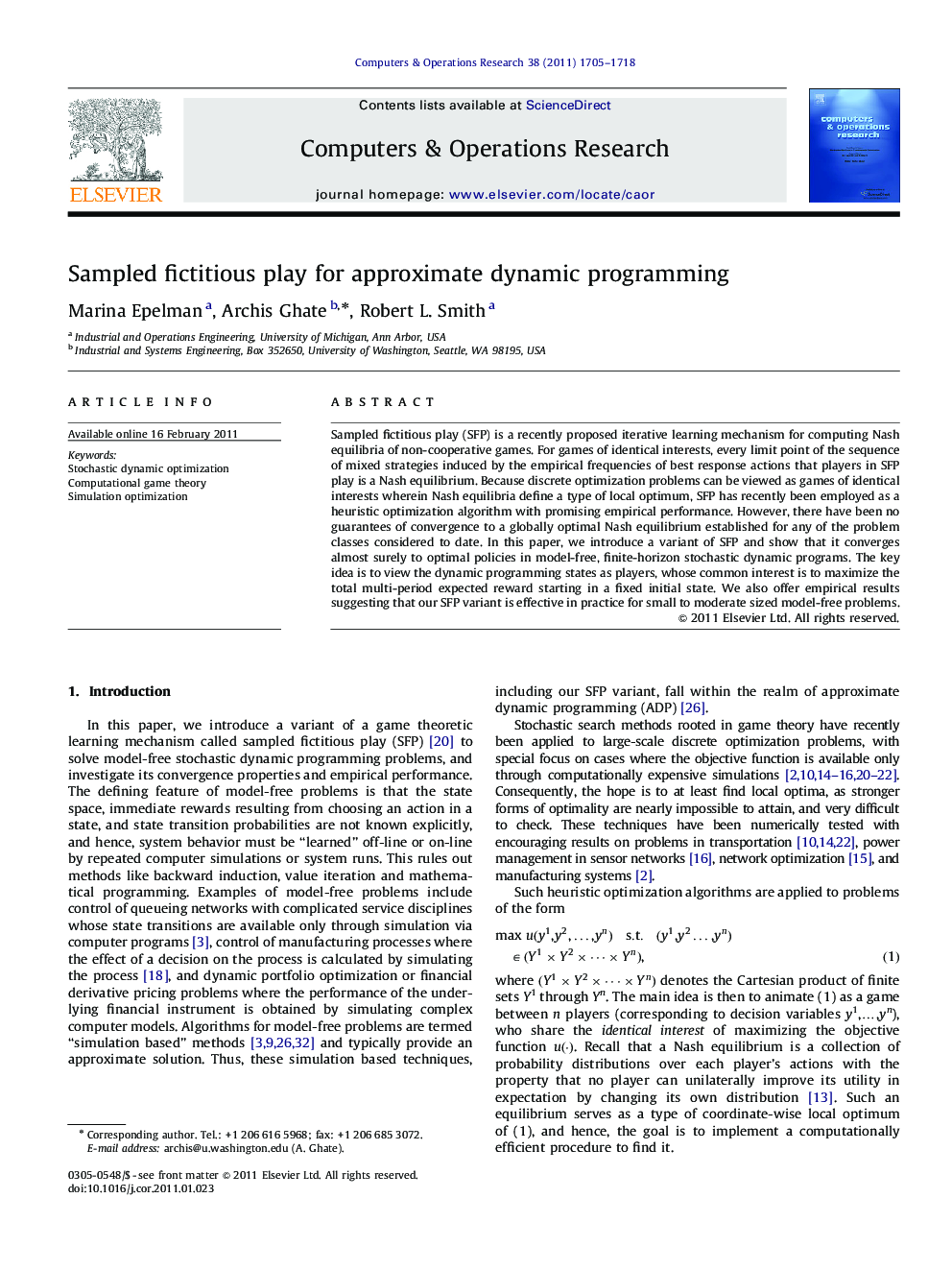 Sampled fictitious play for approximate dynamic programming