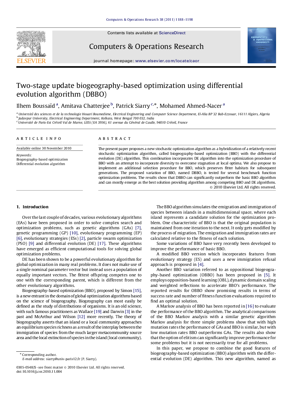 Two-stage update biogeography-based optimization using differential evolution algorithm (DBBO)