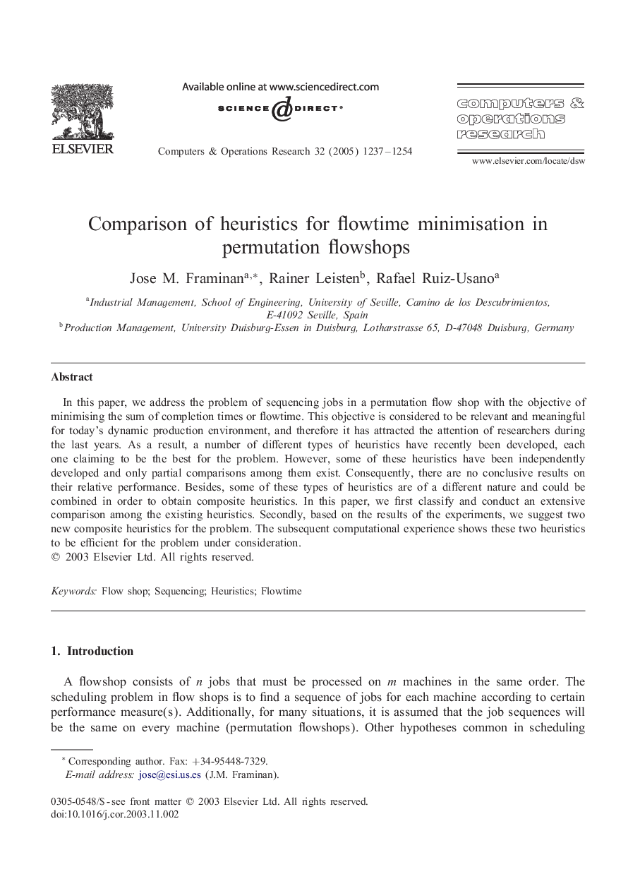 Comparison of heuristics for flowtime minimisation in permutation flowshops