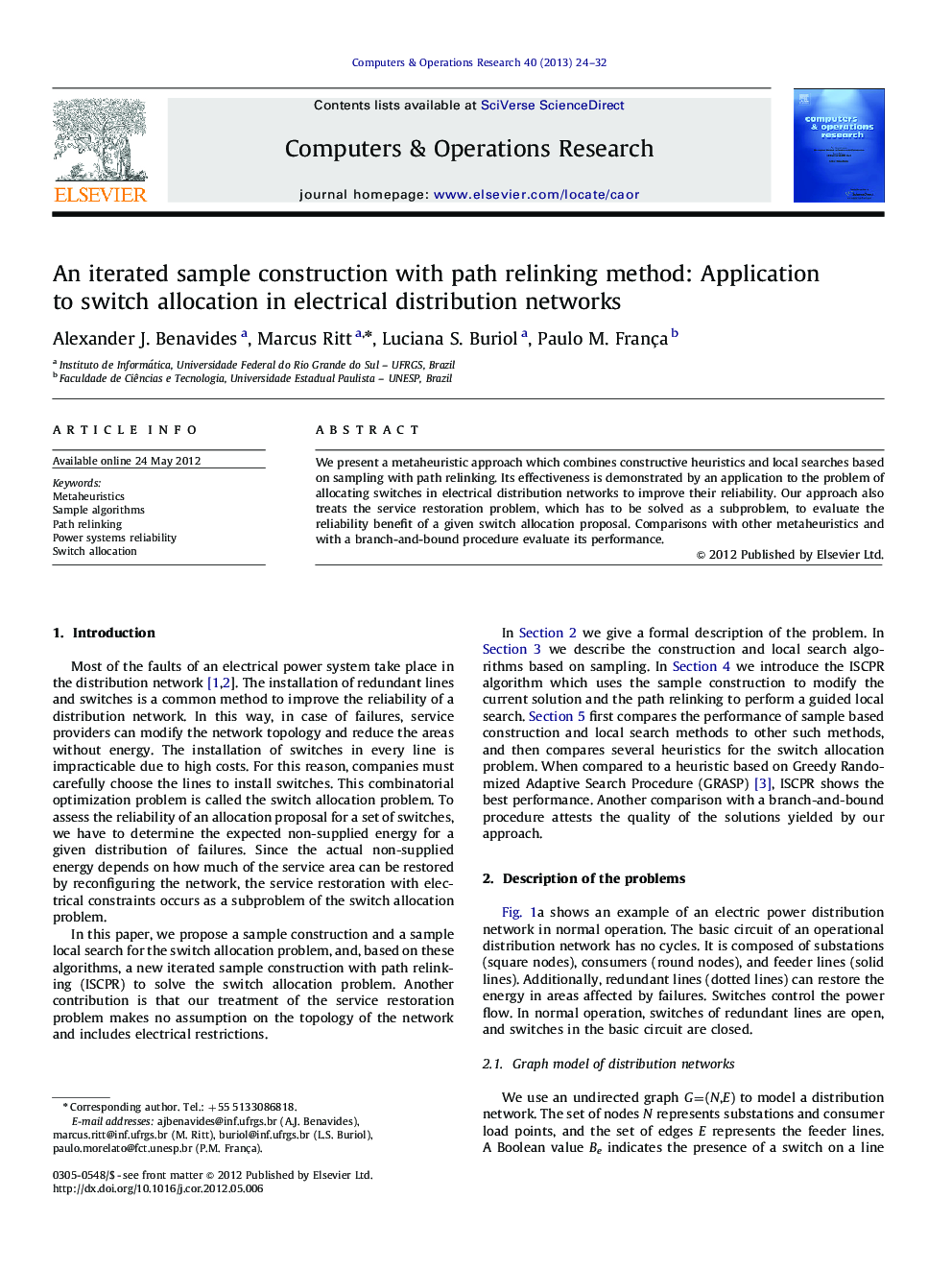 An iterated sample construction with path relinking method: Application to switch allocation in electrical distribution networks