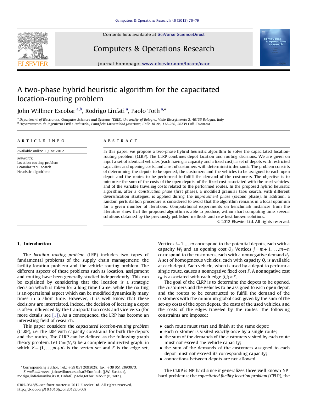 A two-phase hybrid heuristic algorithm for the capacitated location-routing problem