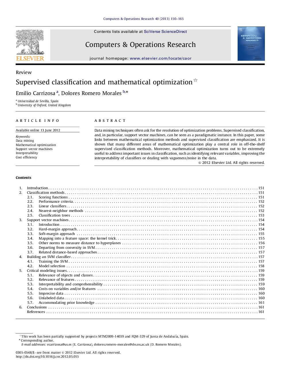 Supervised classification and mathematical optimization