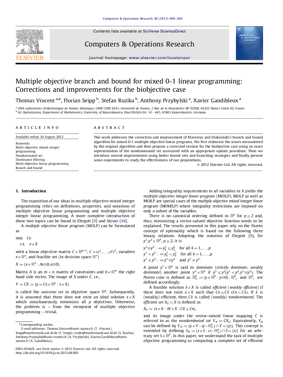 Multiple objective branch and bound for mixed 0-1 linear programming: Corrections and improvements for the biobjective case