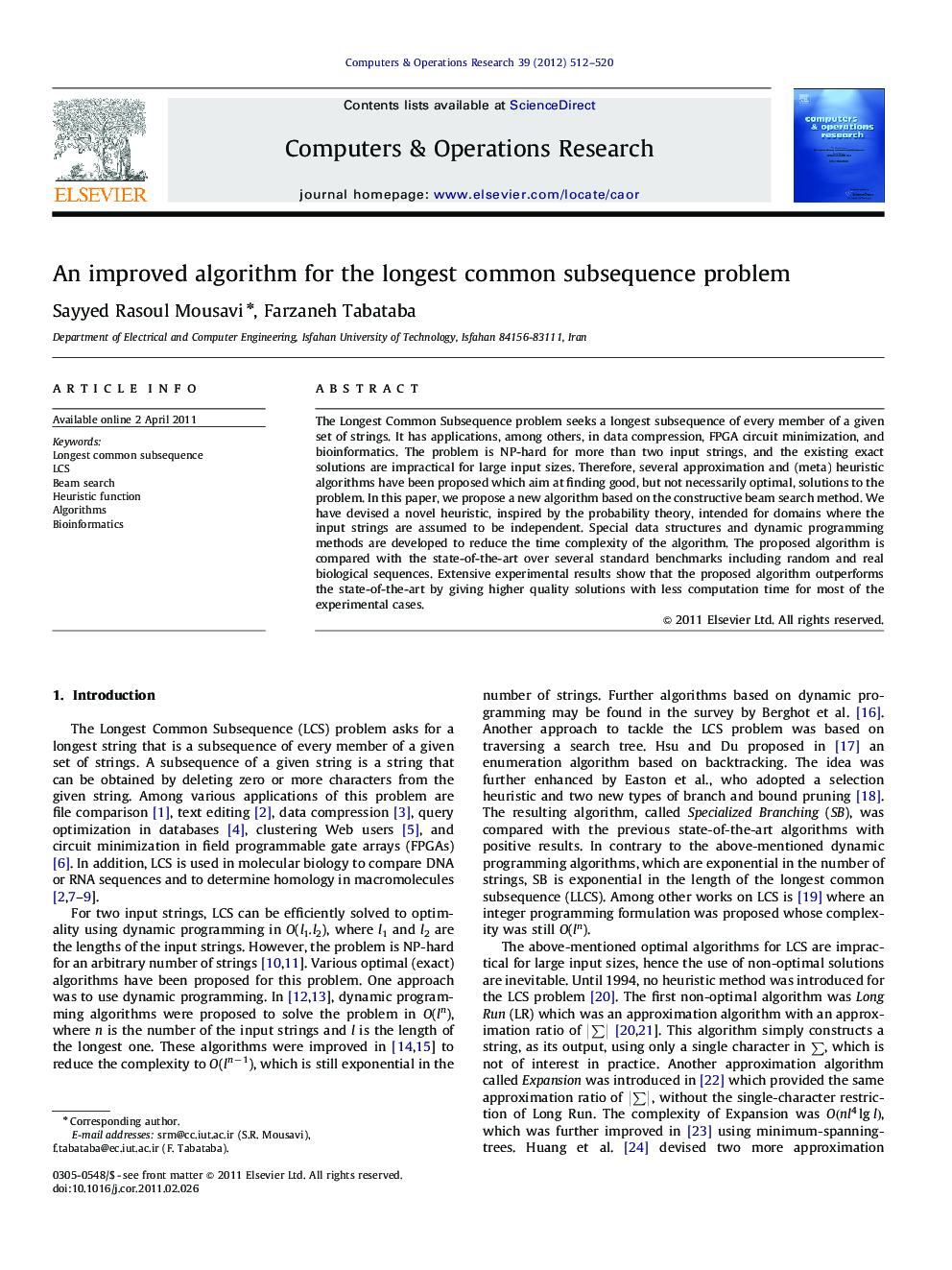 An improved algorithm for the longest common subsequence problem